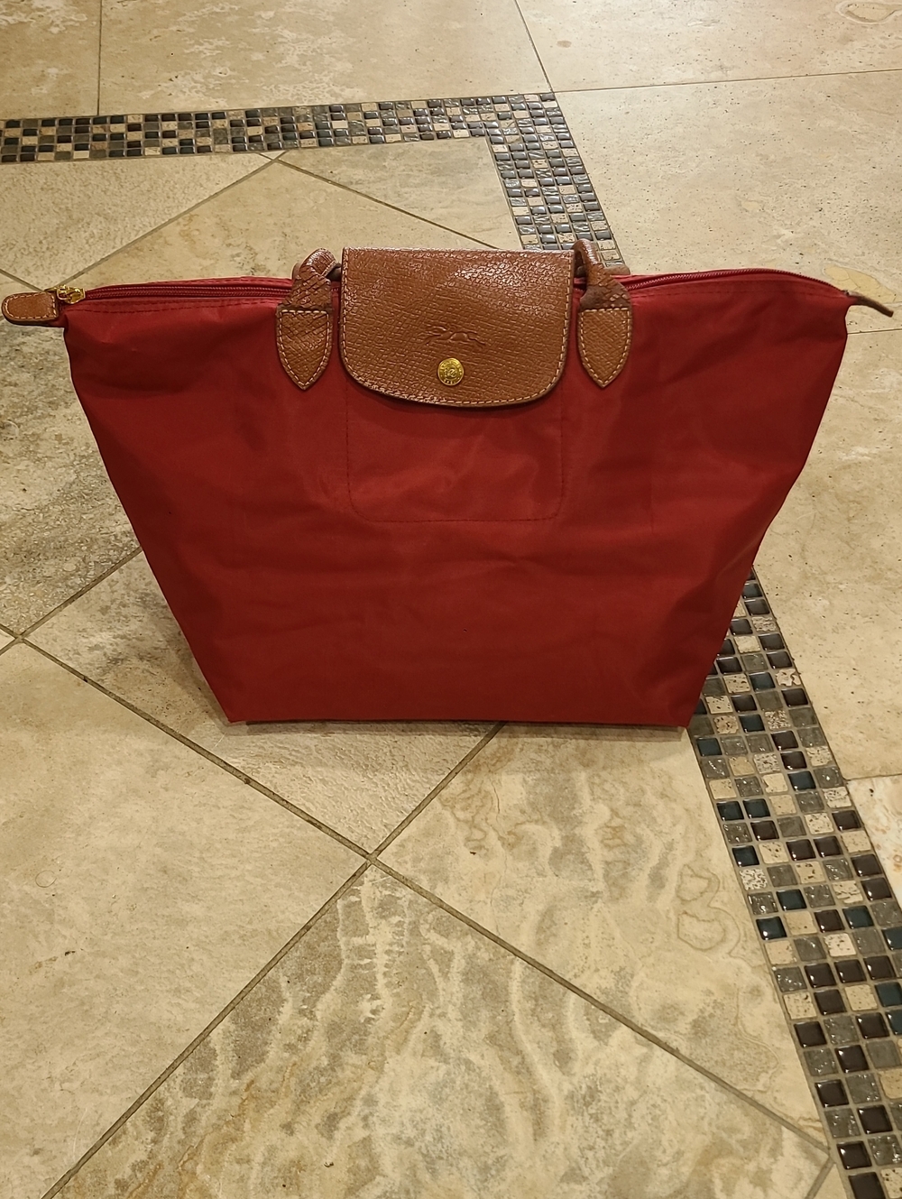 Longchamp Red Nylon Tote with Brown Leather Trim